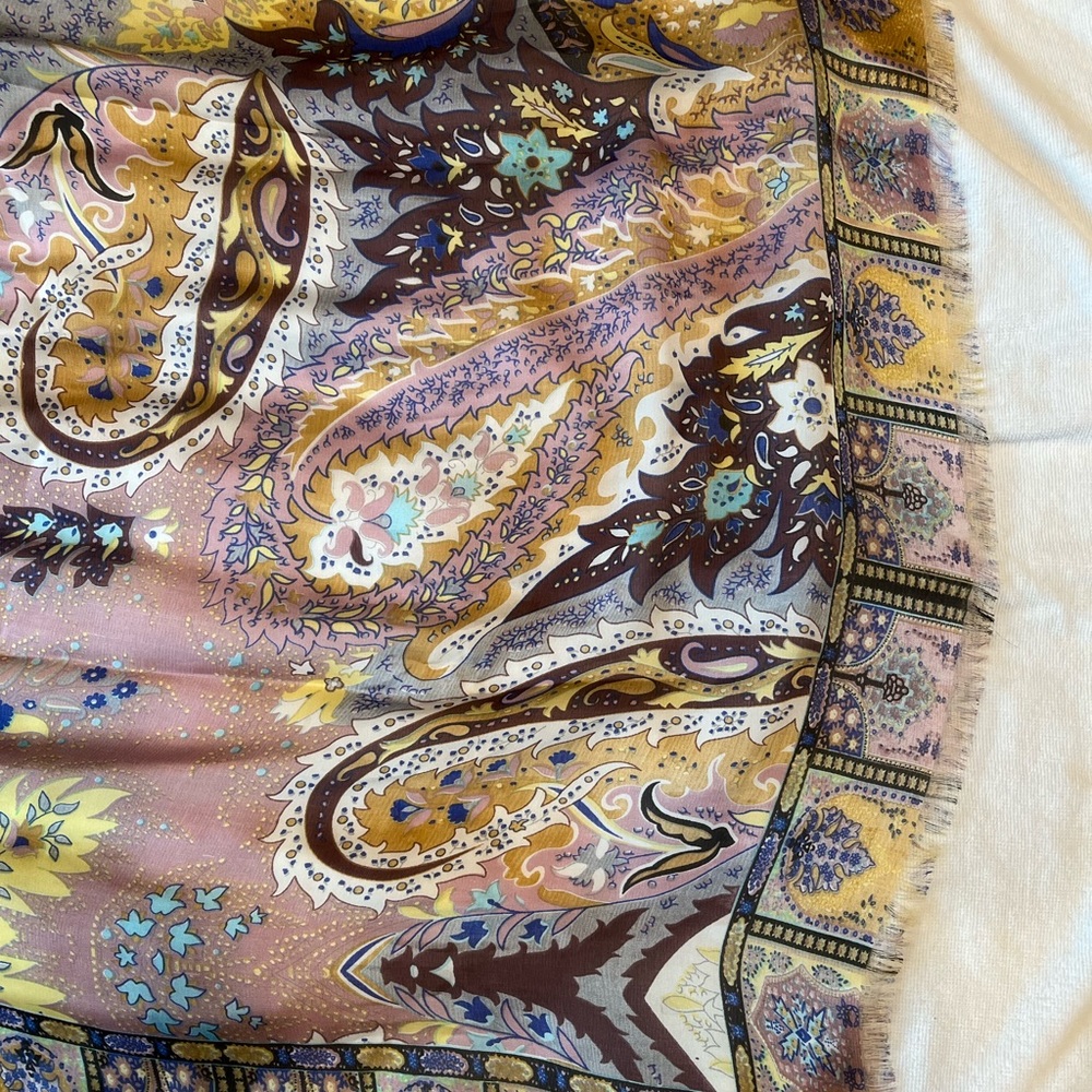 Silk printed scarf in blues and pinks. 6 feet long